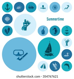 Summer and Beach Simple Flat Icons, Travel and Vacation. Vector
