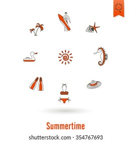 Summer and Beach Simple Flat Icons, Travel and Vacation. Vector
