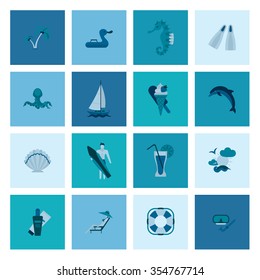 Summer and Beach Simple Flat Icons, Travel and Vacation. Vector