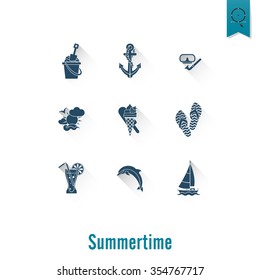 Summer and Beach Simple Flat Icons, Travel and Vacation. Vector