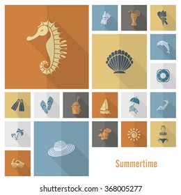 Summer and Beach Simple Flat Icons, Travel and Vacation. Vector