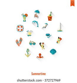 Summer and Beach Simple Flat Icons, Travel and Vacation. Vector