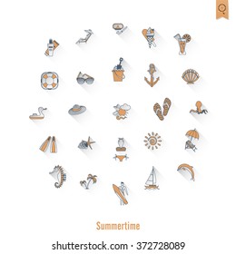 Summer and Beach Simple Flat Icons, Travel and Vacation. Vector