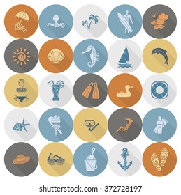Summer and Beach Simple Flat Icons, Travel and Vacation. Vector