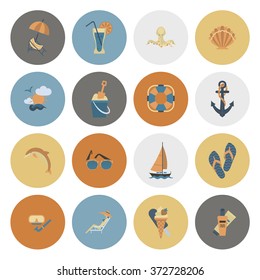 Summer and Beach Simple Flat Icons, Travel and Vacation. Vector