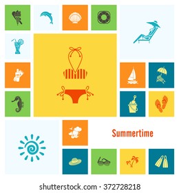 Summer and Beach Simple Flat Icons, Travel and Vacation. Vector