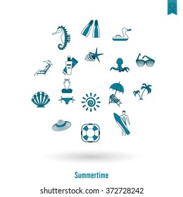 Summer and Beach Simple Flat Icons, Travel and Vacation. Vector