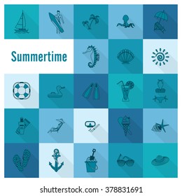 Summer and Beach Simple Flat Icons, Travel and Vacation. Vector