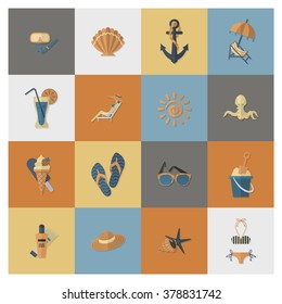 Summer and Beach Simple Flat Icons, Travel and Vacation. Vector