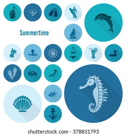 Summer and Beach Simple Flat Icons, Travel and Vacation. Vector