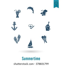 Summer and Beach Simple Flat Icons, Travel and Vacation. Vector