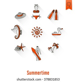 Summer and Beach Simple Flat Icons, Travel and Vacation. Vector