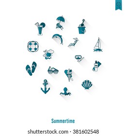 Summer and Beach Simple Flat Icons, Travel and Vacation. Vector