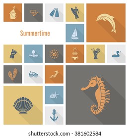 Summer and Beach Simple Flat Icons, Travel and Vacation. Vector