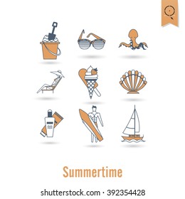 Summer and Beach Simple Flat Icons, Travel and Vacation. Vector