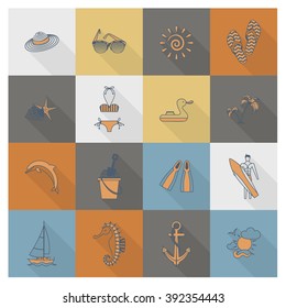 Summer and Beach Simple Flat Icons, Travel and Vacation. Vector