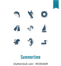Summer and Beach Simple Flat Icons, Travel and Vacation. Vector