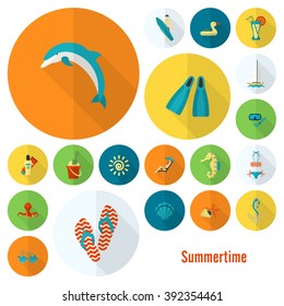 Summer and Beach Simple Flat Icons, Travel and Vacation. Vector