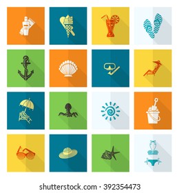 Summer and Beach Simple Flat Icons, Travel and Vacation. Vector