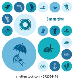 Summer and Beach Simple Flat Icons, Travel and Vacation. Vector