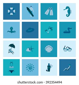 Summer and Beach Simple Flat Icons, Travel and Vacation. Vector