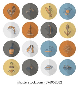 Summer and Beach Simple Flat Icons, Travel and Vacation. Vector