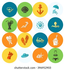Summer and Beach Simple Flat Icons, Travel and Vacation. Vector