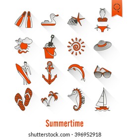 Summer and Beach Simple Flat Icons, Travel and Vacation. Vector