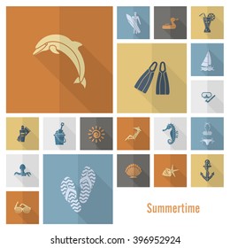 Summer and Beach Simple Flat Icons, Travel and Vacation. Vector