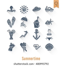 Summer and Beach Simple Flat Icons, Travel and Vacation. Vector