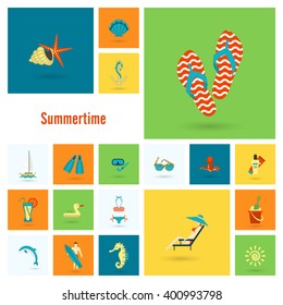 Summer and Beach Simple Flat Icons, Travel and Vacation. Vector