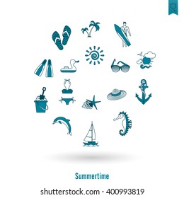 Summer and Beach Simple Flat Icons, Travel and Vacation. Vector