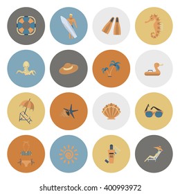 Summer and Beach Simple Flat Icons, Travel and Vacation. Vector