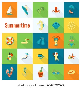 Summer and Beach Simple Flat Icons, Travel and Vacation. Vector