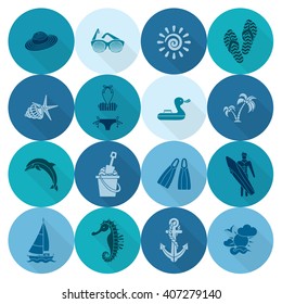 Summer and Beach Simple Flat Icons, Travel and Vacation. Vector