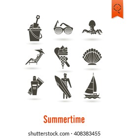 Summer and Beach Simple Flat Icons, Travel and Vacation. Vector