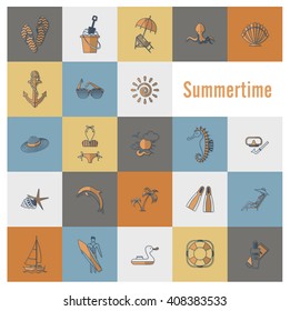 Summer and Beach Simple Flat Icons, Travel and Vacation. Vector