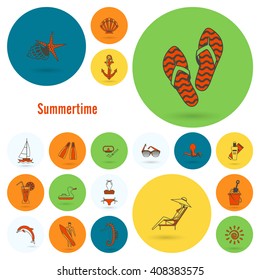 Summer and Beach Simple Flat Icons, Travel and Vacation. Vector