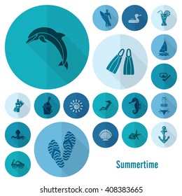 Summer and Beach Simple Flat Icons, Travel and Vacation. Vector
