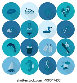 Summer and Beach Simple Flat Icons, Travel and Vacation. Vector