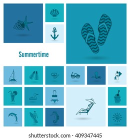 Summer and Beach Simple Flat Icons, Travel and Vacation. Vector