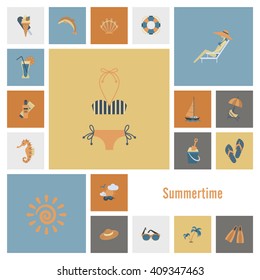Summer and Beach Simple Flat Icons, Travel and Vacation. Vector
