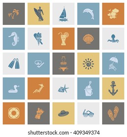 Summer and Beach Simple Flat Icons, Travel and Vacation. Vector