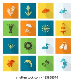Summer and Beach Simple Flat Icons, Travel and Vacation. Vector