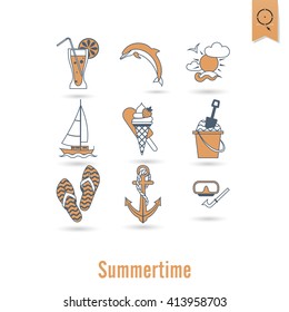 Summer and Beach Simple Flat Icons, Travel and Vacation. Vector