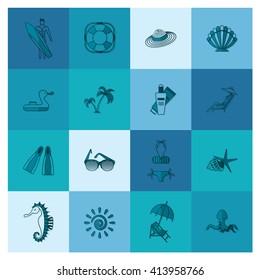 Summer and Beach Simple Flat Icons, Travel and Vacation. Vector