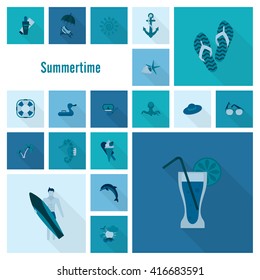Summer and Beach Simple Flat Icons, Travel and Vacation. Vector