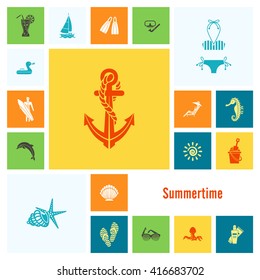 Summer and Beach Simple Flat Icons, Travel and Vacation. Vector