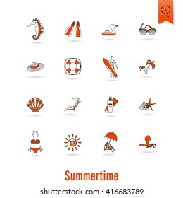 Summer and Beach Simple Flat Icons, Travel and Vacation. Vector
