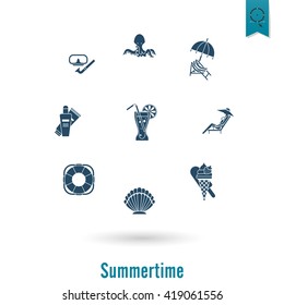Summer and Beach Simple Flat Icons, Travel and Vacation. Vector